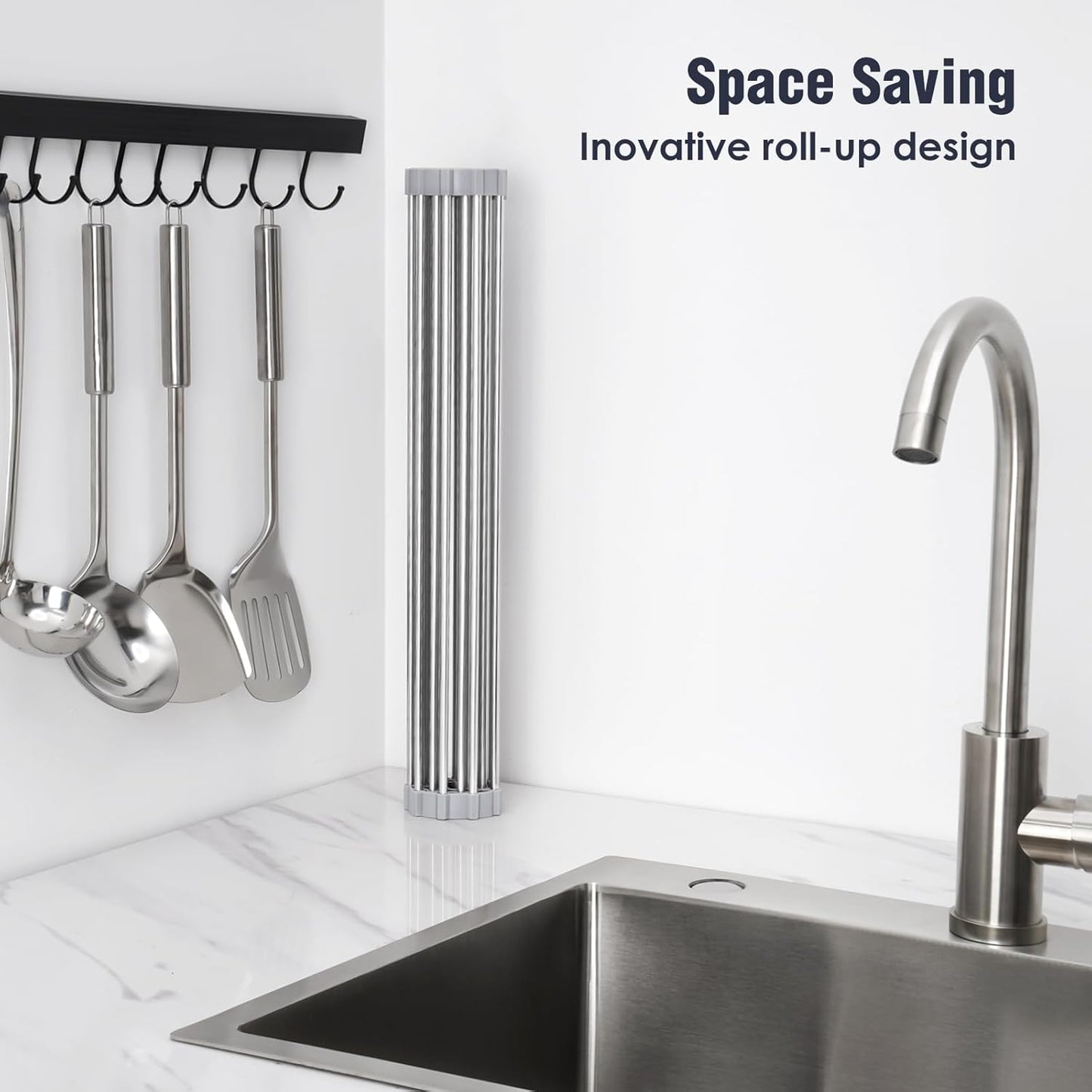 Tomorotec 17.7" x 15.5" Roll Up Dish Drying Rack Over Sink Drying Rack Sink Cover Kitchen Sink Accessories Gadget Multipurpose Organizer Foldable Stainless Steel Drainer