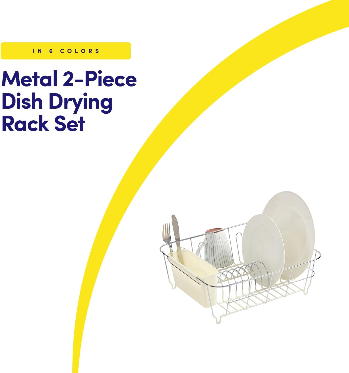 Dish Drying Rack & Cutlery Holder 2 Piece Set - Compact Sink-Fitting Dish Drainer with Rubberized Undercoating, Space-Saving Kitchen Organizer for Plates, Cups, Bowls & Utensils in Sink, Silver