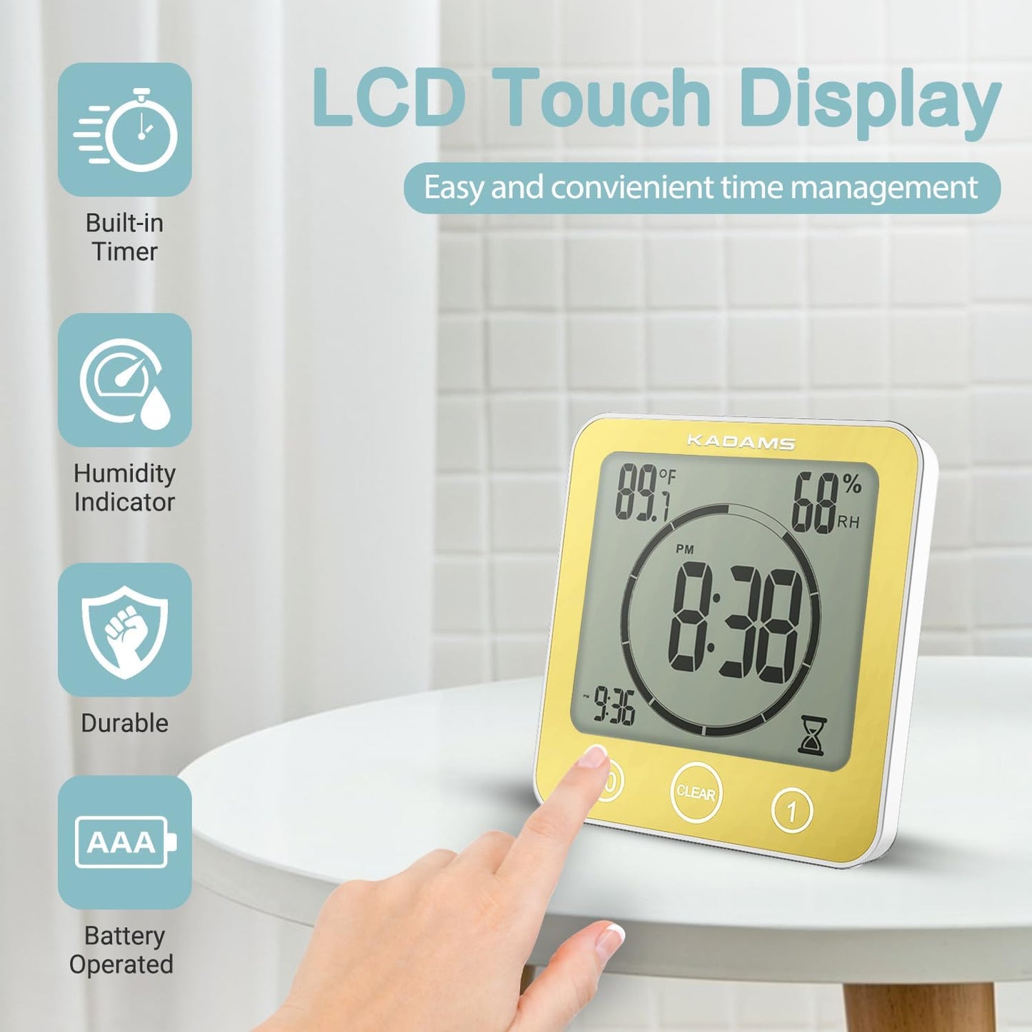 KADAMS Shower Clock Waterproof Bathroom Timer – Digital Wall Clock with Countdown, Magnetic Kitchen Clock with Temperature & Humidity, Suction Cup for Kids Shower Spa Cook Bath (Black)