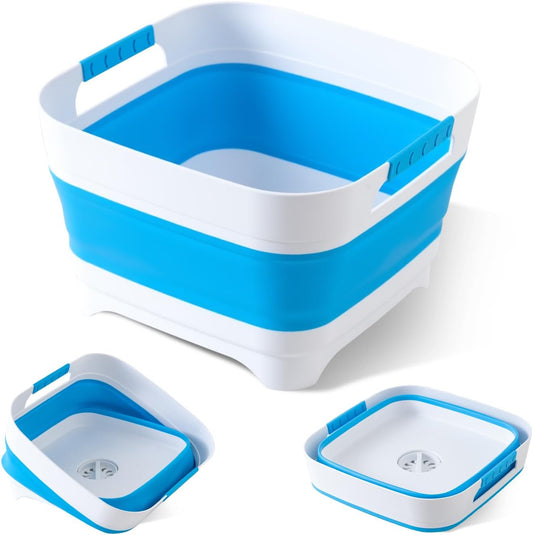 2.6 Gal/10L Collapsible Wash Basin with Drain Plug, Portable Foldable Dish Tub, Large Capacity Space-Saving Sink for Baby Bottles, RV, Camping, Kitchen, Travel & Outdoor Use