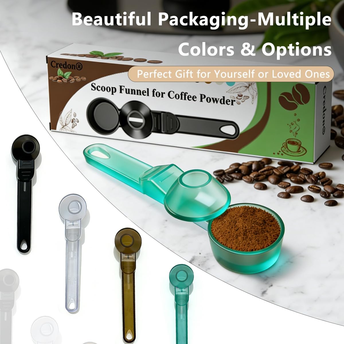 Credon Coffee Scoop with Funnel for Ground Coffee & Protein Powder – Coffee Bean Measuring Spoon, 2 Tablespoon Slide Scoop for Reusable K-Cup, Precision Spill-Proof (Black)
