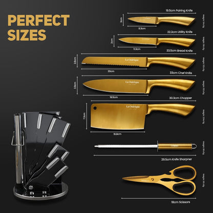 Luxury Gold Kitchen Accessories Set – Super Sharp Pizza Cutter Wheel, Garlic Press Rocker, Y Peeler, Serrated Pie & Cake Server – Premium Titanium-Coated Stainless Steel Flatware