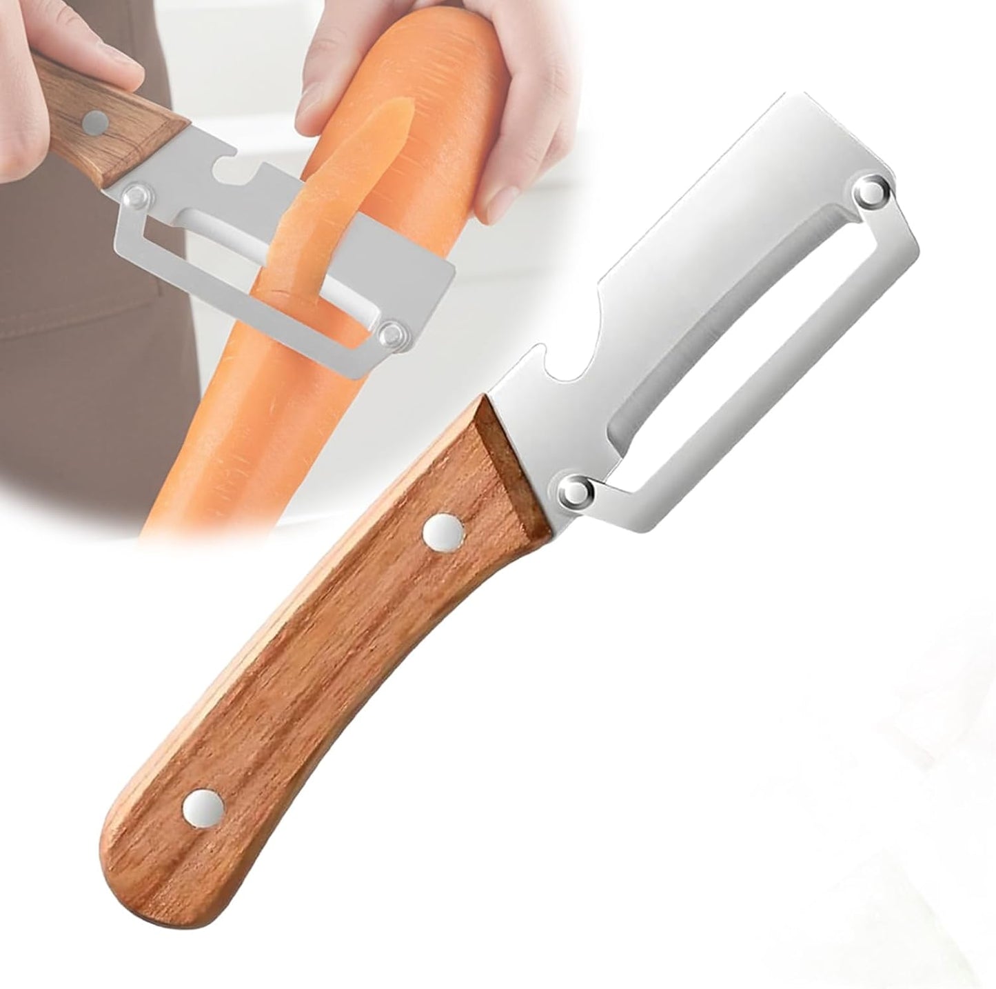 Sakerplus Multifunctional Vegetable Peeler with Wooden Handle and Bottle Opener, 2-in-1 Stainless Steel Blade, Contour-Flow for Kitchen Prep, Camping, Apple Potato Pumpkin Papaya Peeling