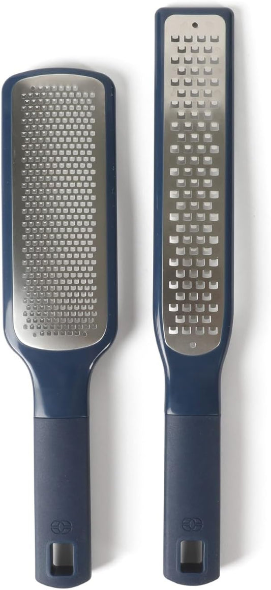 Calphalon Edge Stainless Steel Handheld Grater Lemon Zester W/Cover & Rubber Handle - Navy Blue