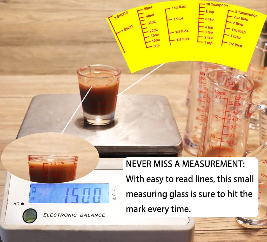 Ackers Mini Measure Heavy Glass, 32-Incremental Measurements Multi-Purpose Liquid and Dry Measuring Shot Glass, Red(Pack of 2)