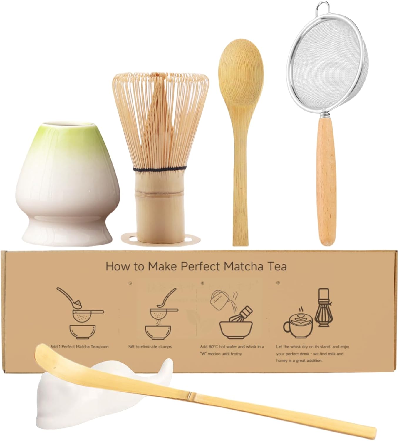 Matcha Whisk Set, 6-Piece Matcha Making Kit, Macha Tea Set, (Chasen Holder), Ceramic Whisk Holder, Matcha Starter Sifter, Bamboo Scoop, Spoon Japanese Tea Tools For Ceremony Gift (Green)