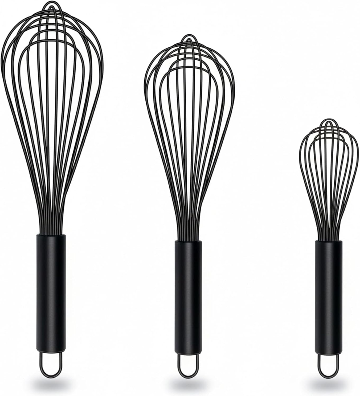 TEEVEA Silicone Whisk Set Non Scratch BPA Free for Nonstick Cookware, 3 Piece 8/10/12 Inch Stainless Steel Core Heat Resistant, Egg Beater for Cooking Baking, Black