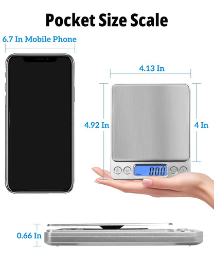 Gram Scale 500g x 0.01g Precision, Digital Mini Pocket Size Portable Scale with Two Trays Nine Units, LCD Display Stainless Steel Platform for Weighing Jewelry Cooking Baking