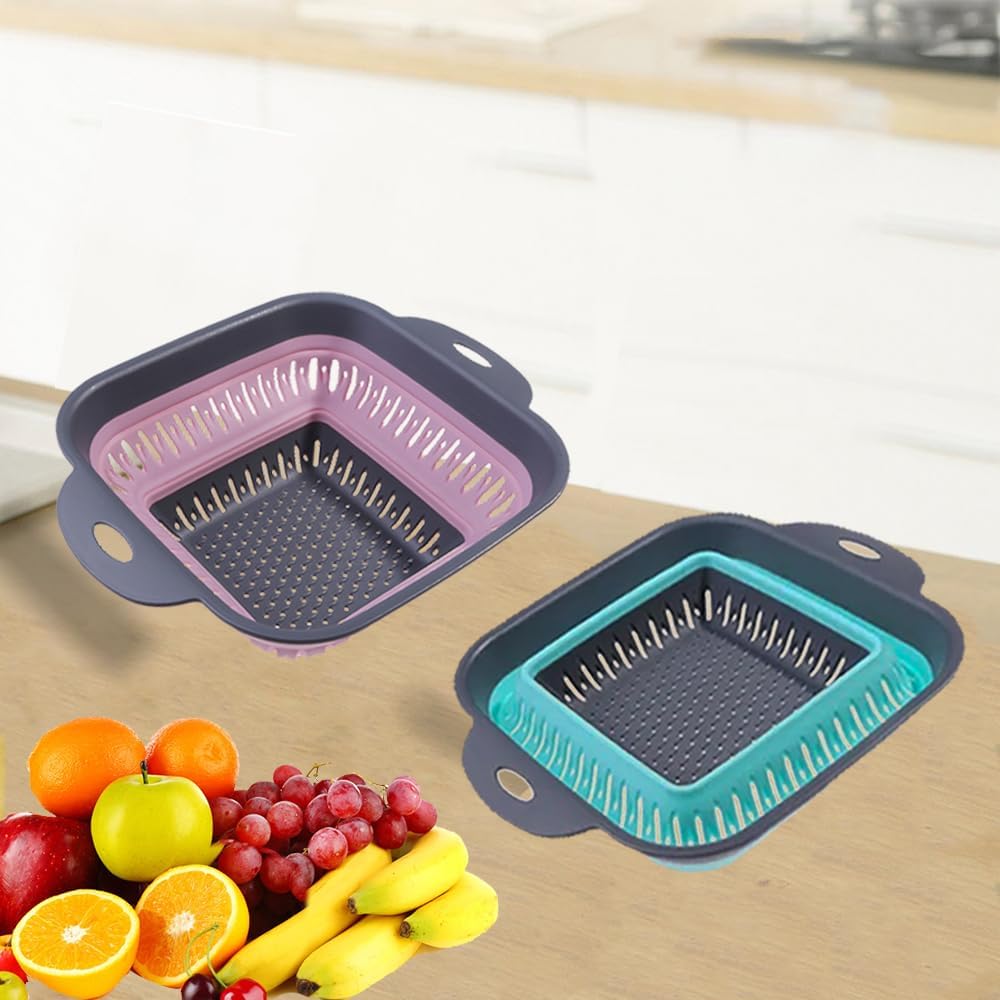 Collapsible Colander Set, Square Round Triangles Silicone Kitchen Strainer Perfect for Draining Pasta Vegetable fruit 2 PCS (10.8"L x 8.6"W x 2"H, Blue & Gray)