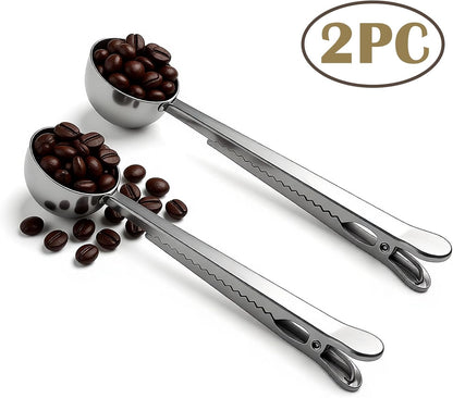Coffee Scoop Spoon with Bag Clip 2 Pcs,1 Tbsp Stainless Steel Long Handle Measuring Spoons for Ground Coffee and Beans, Loose Tea and Powder(Silver / 15ML)