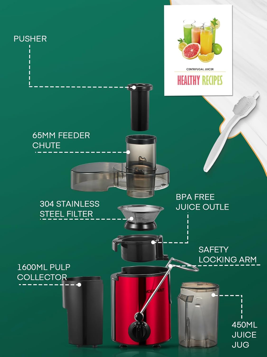 Juicer Machines, HOUSNAT Juicer Whole Fruit and Vegetables with 3-Speed Setting, 400 W Motor Quick Juicing Ideal for Beginners & Light Daily Use, Cleaning Brush and Juicing Recipe Included