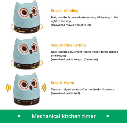 Quirky Creature Mechanical Kitchen Timer, Cute 60-Minute Manual Wind Up Countdown Clock, Unique Matte Blue Visual Timer for Kids, Creative Study Tool & Office Desk Gift (Blue)