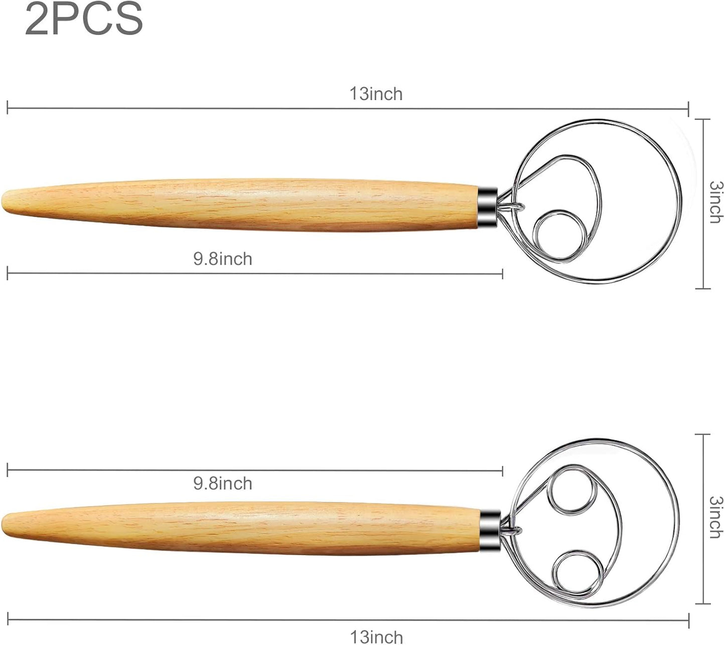 Danish Dough Whisk 2Pcs, Dutch Bread Whisk Hook, 13 Inch Premium Pastry Whisks, Wooden Hand Mixer, Stainless Steel Sourdough Baking Tools for Bread, Batter, Cake and More