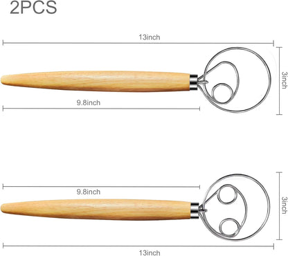 Danish Dough Whisk 2Pcs, Dutch Bread Whisk Hook, 13 Inch Premium Pastry Whisks, Wooden Hand Mixer, Stainless Steel Sourdough Baking Tools for Bread, Batter, Cake and More