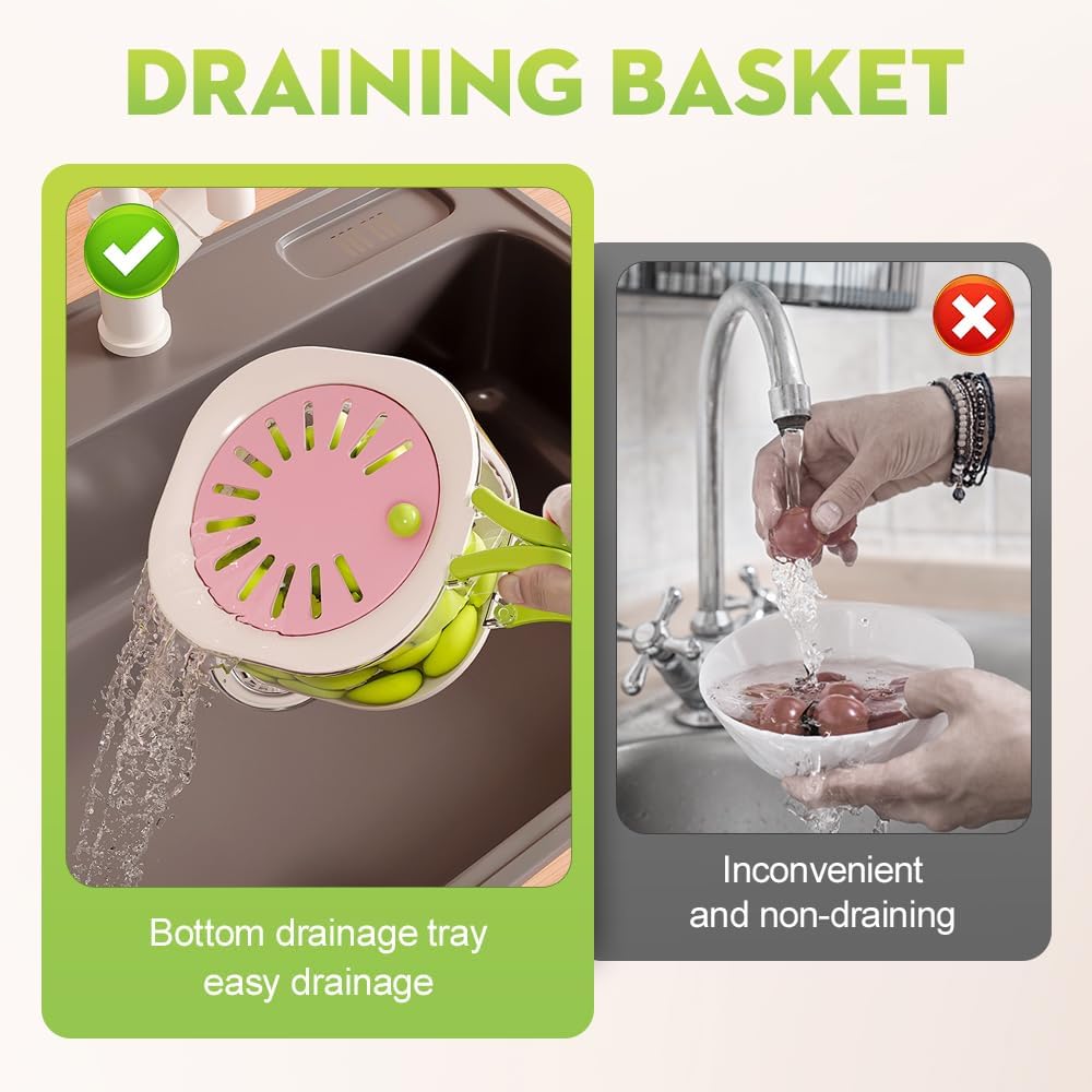 Multifunctional Fruit Washing Bowl with Strainer, 2026 Upgraded 2-in-1 Draining and Preservation Basket, Fruit Drainer Container with Foldable Handle (Blue)