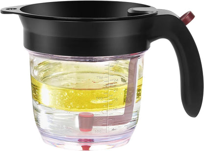 Fat Separator with Bottom Release - 4 Cup/32oz Gravy Separator, Grease Skimmer with Top Strainer & Measurement Marks - Heat Resistant Oil Separator for Healthy Cooking, Soup, Sauce & Stock