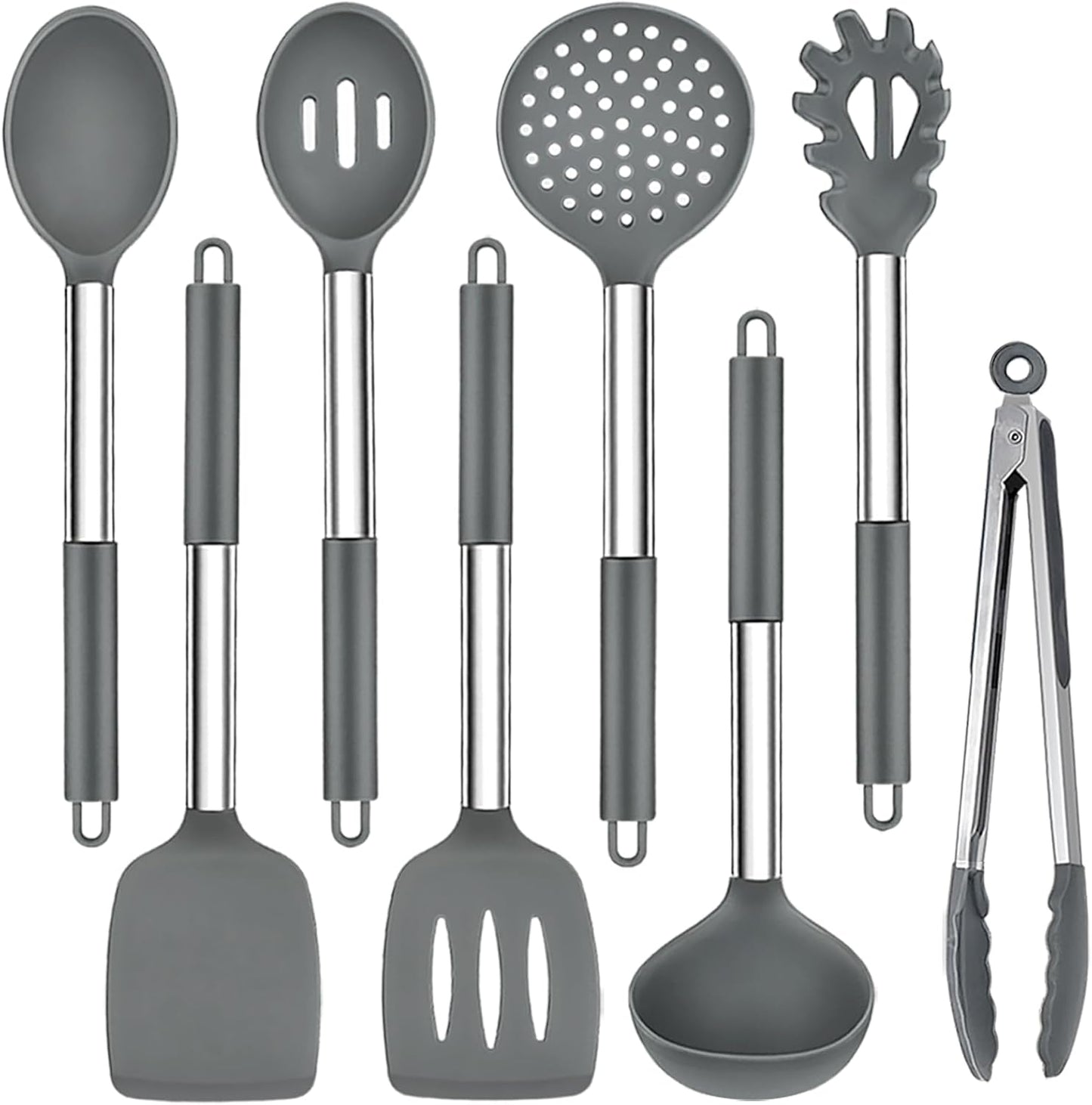 TeamFar Kitchen Utensils Set of 8, Silicone Utensils Kitchen Tools Set with Stainless Steel Handle, for Frying Serving Flipping Draining, Non-toxic & Heatproof, Nonstick & Dishwasher Safe - Black