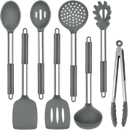 TeamFar Kitchen Utensils Set of 8, Silicone Utensils Kitchen Tools Set with Stainless Steel Handle, for Frying Serving Flipping Draining, Non-toxic & Heatproof, Nonstick & Dishwasher Safe - Black