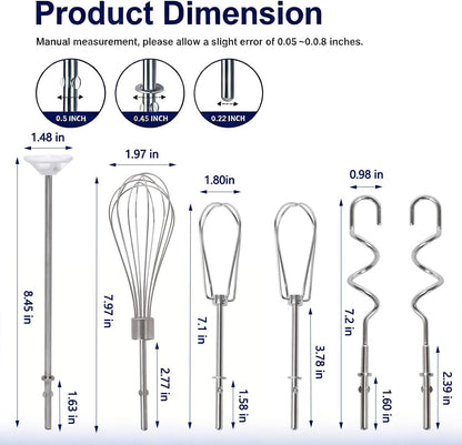 Handheld Mixer Attachments, Stainless Steel Beater Whisk Blending Rod & Dough Hooks, Replacement Compatible with KitchenAid Hand Mixers KHM3 KHM5 KHM7 KHM9, 6-Piece