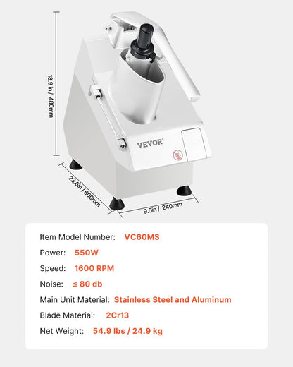 VEVOR Food Processor & Vegetable Chopper, 2 Feeding Holes Food-Grade Stainless Steel Food Processor Chopper with Detachable 6 Blades, 3mm/5mm/7mm/10mm Shredder, 2mm/4mm Slicer, for Vegetables, Fruit