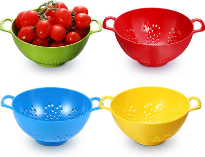 Baderke 4 Pack Mini Colander for Kitchen Plastic Berry Strainer with Double Handles 7.5 x 6 x 3 Inch Small Colander Strainer for Fruits Vegetables Food (Green, Purple, Red, Lemon Yellow)