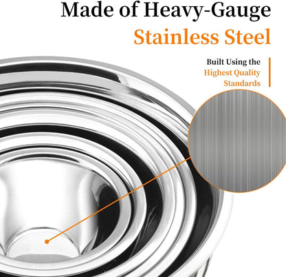 Mixing Bowls, 5Pcs Stainless Steel Mixing Bowl Set, Utensils for the Kitchen, Multifunctional, Stackable, Dishwasher Safe, 3.75L / 3.25L / 2.5L / 2L / 1.3L (With lid)