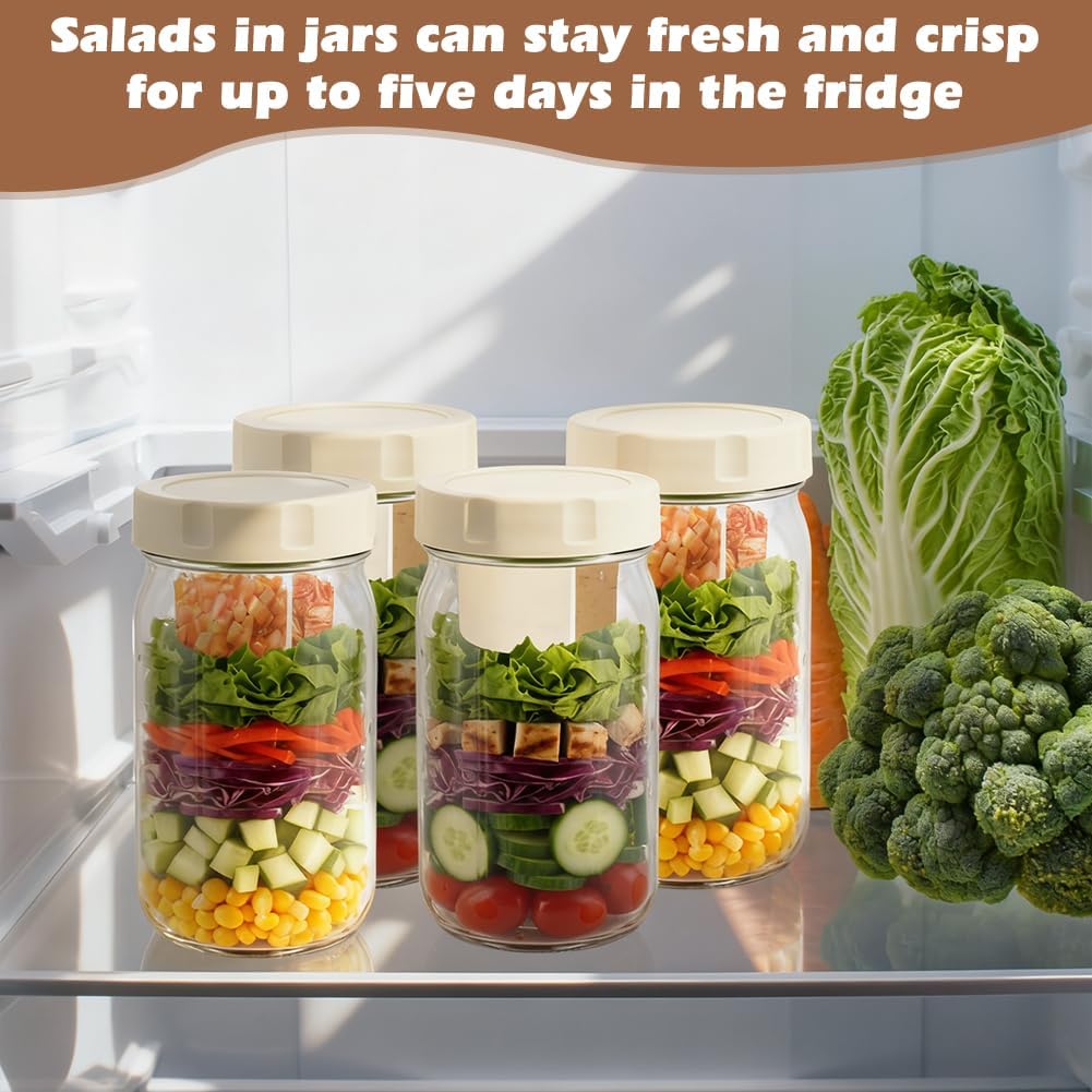 4 Pack Glass Salad Jars with Lids Meal Prep, 32oz Leakproof Mason Jar Salad Container for Lunch With 2pcs Brushes, Two Small Separate Compartments for Dressing and Dry Ingredients