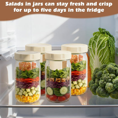 4 Pack Glass Salad Jars with Lids Meal Prep, 32oz Leakproof Mason Jar Salad Container for Lunch With 2pcs Brushes, Two Small Separate Compartments for Dressing and Dry Ingredients