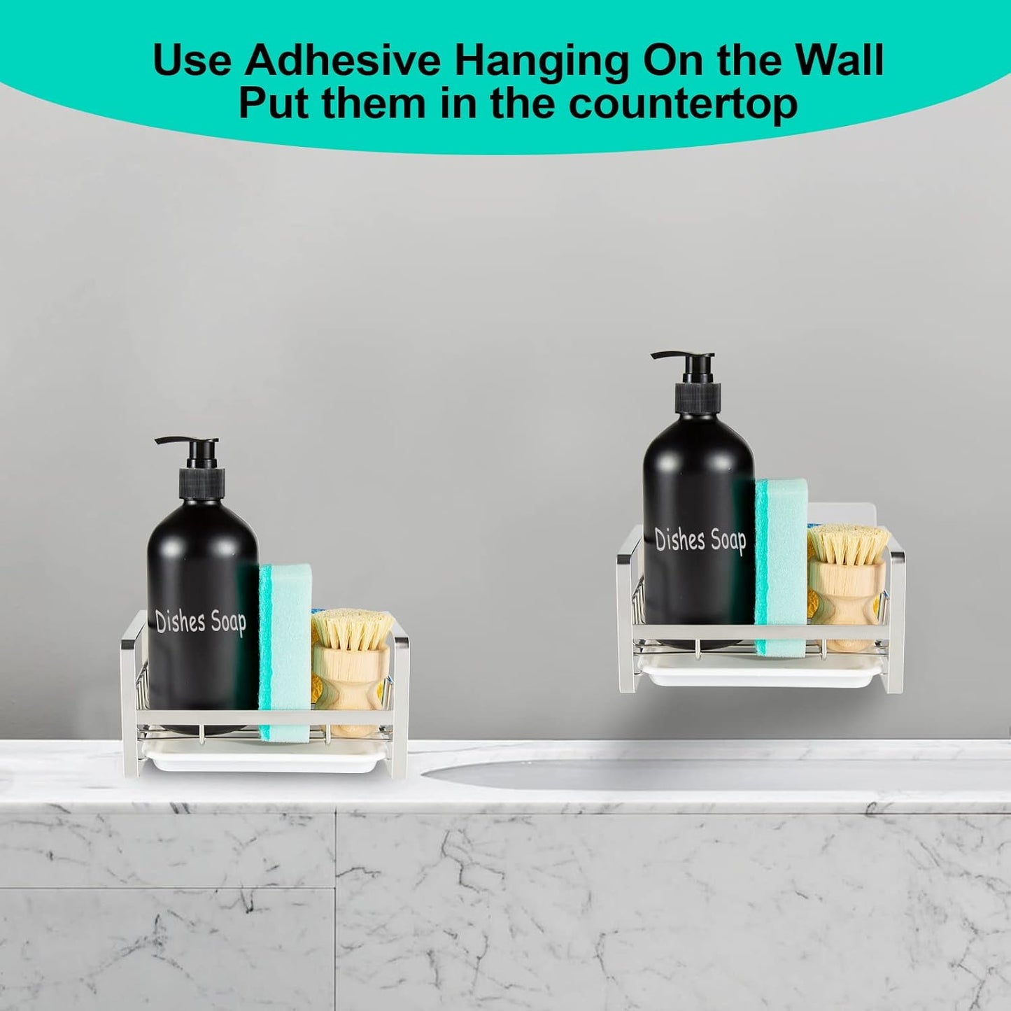 TEZZ Sponge Holder for Kitchen Sink- Stainless Steel Kitchen Sink Caddy for Organizing Sponge, Brush & Soap Dish Dispenser, coutertop Organizer Rack with Adhesive or Counter top, Black