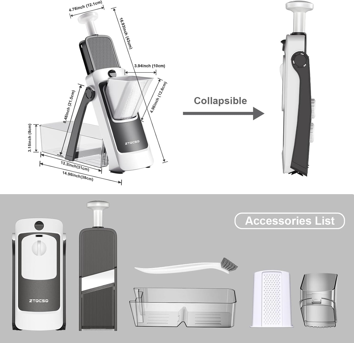 [All in 1] Vegetable Slicer with Adjustable Thickness, Easy to Clean Potato Mandoline Slicer with Container, Rapid Prep French Fry Veggie Cutter/Onion Slicer, Free Grater/Cleaning Brush (Gray)