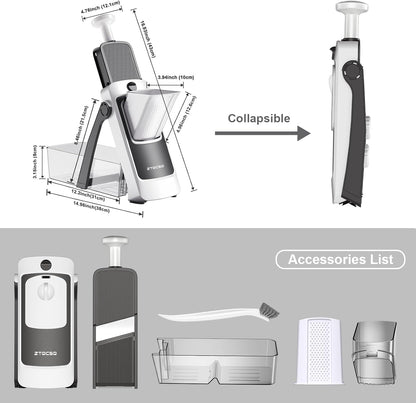 [All in 1] Vegetable Slicer with Adjustable Thickness, Easy to Clean Potato Mandoline Slicer with Container, Rapid Prep French Fry Veggie Cutter/Onion Slicer, Free Grater/Cleaning Brush (Gray)