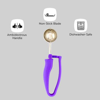 Restaurantware Comfy Grip 4 Ounce Gelato Scoop 1 Ambidextrous Ice Cream Scoop - Built-In Blade Bright Handle Gray Stainless Steel Cookie Dough Scoop Comfortable Grip For All Ingredients