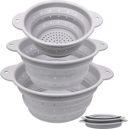 Silicone Collapsible Colander Set of 3, Thickened Foldable Strainers with Stainless Steel Rim, Heat-Resistant for Pasta, Washing Fruit, Vegetable Storage, Dishwasher Safe, BPA Free