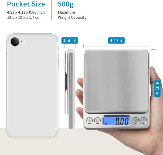 Digital Gram Scale 500g 0.01g Food Scale High Precision Kitchen Scale Multifunctional Stainless Steel Pocket Scale with Back-Lit LCD Display Tare PCS Features Silver
