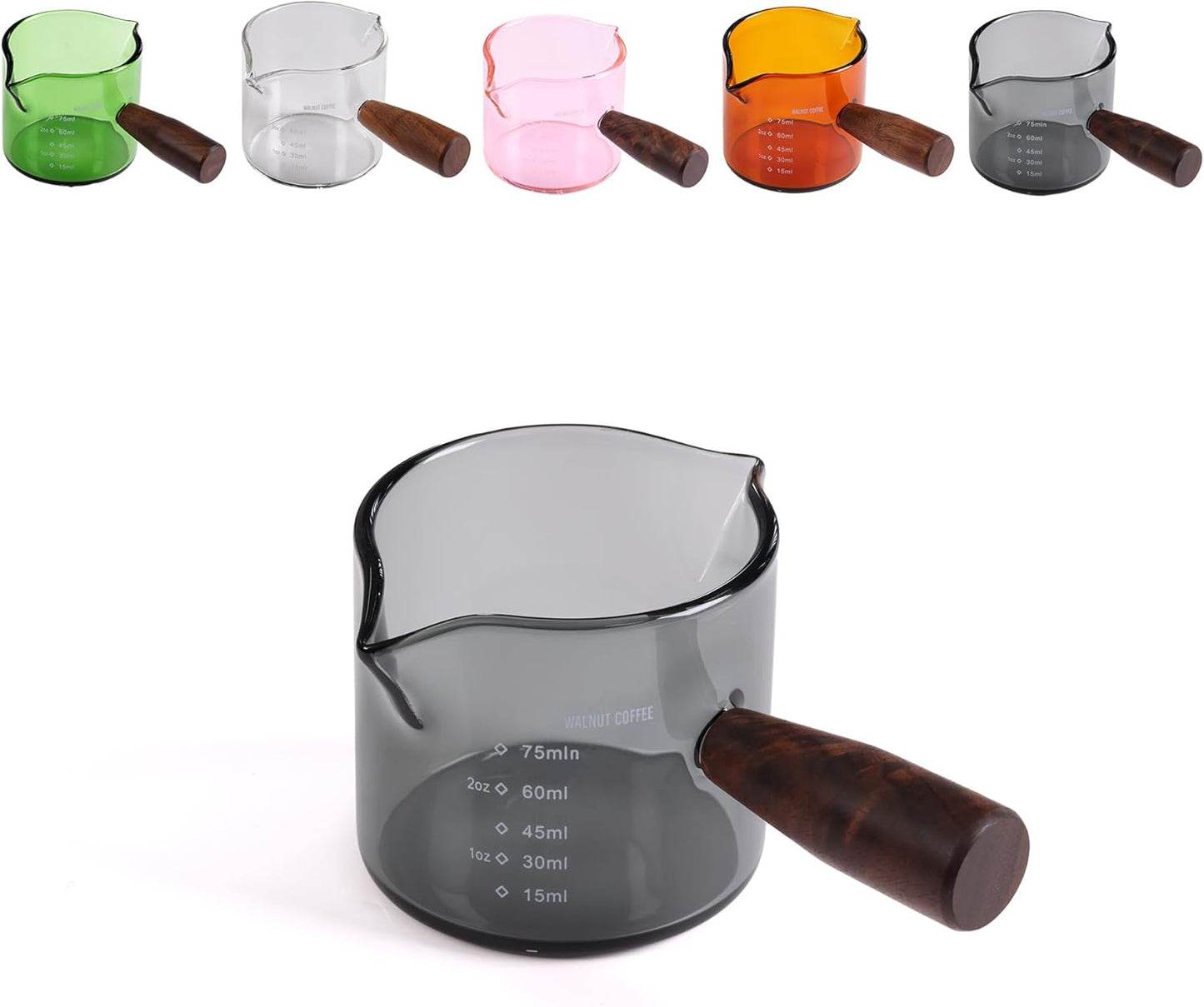 Amber 3.5oz Espresso Shot Glass Double Spouts with American Walnut Handle, Double Spout Glass Measuring Cup, Milk Frothing Pitcher
