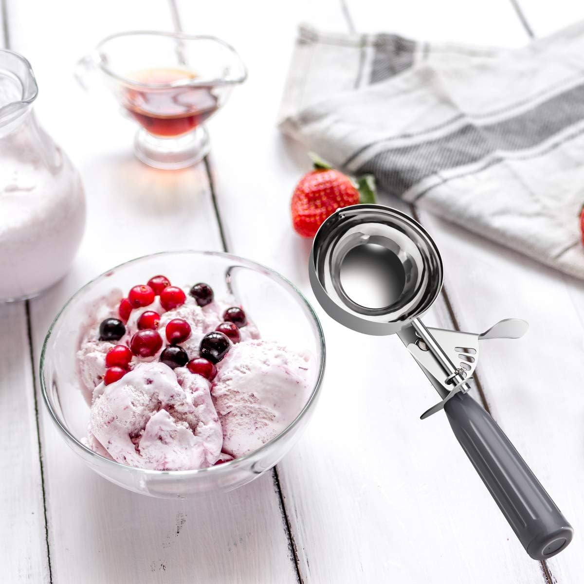 QUAL COOK Heavy Duty Stainless Steel Ice Cream Scoop 4 oz, Cookie Scoop with Trigger, Baking Scoop for Bakeries,Restaurants & Dessert Shops, #8, Grey