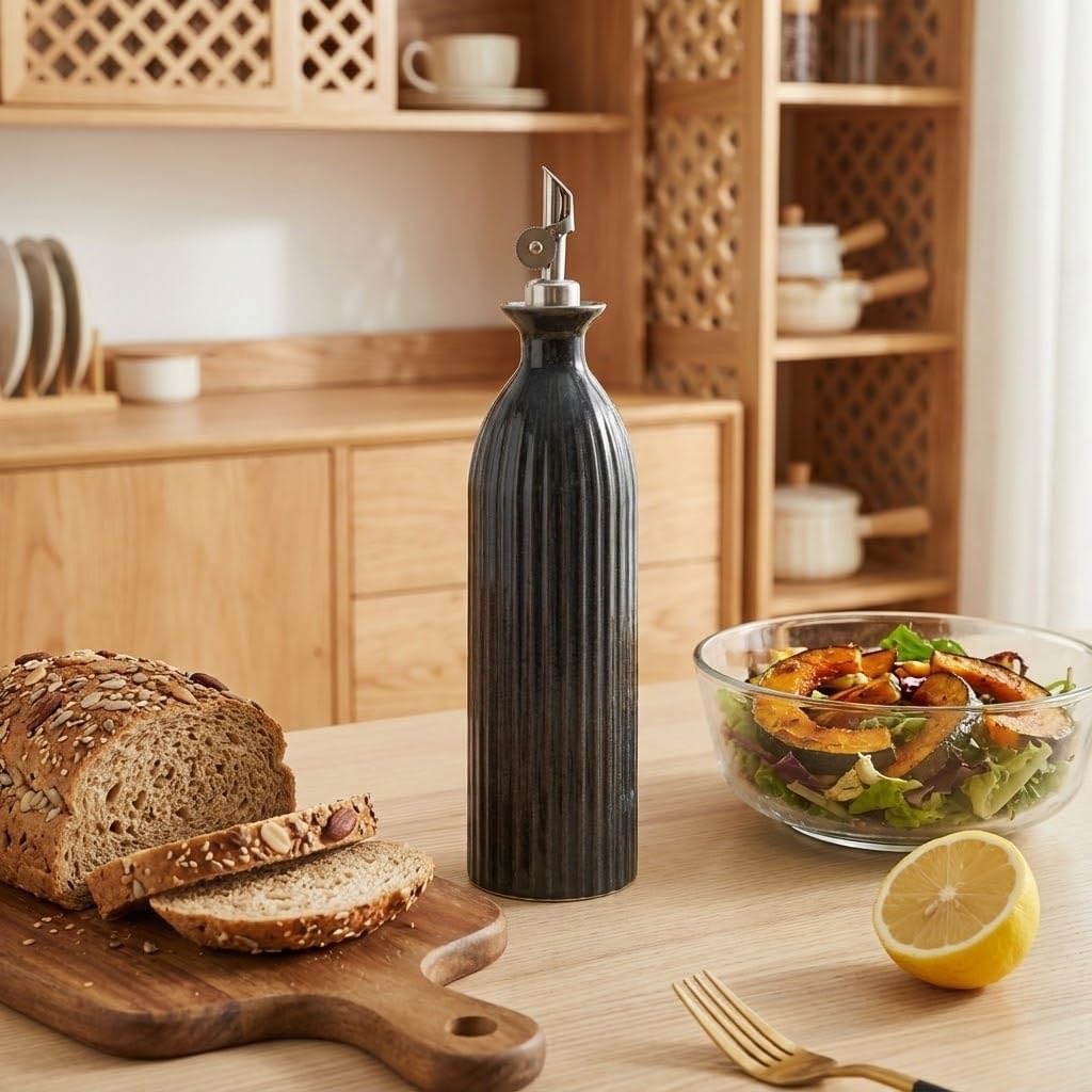 17 oz Ceramic Olive Oil Bottle Dispenser for kitchen with Stainless Automatic Spout, Stoneware 500ml Oil, Vinegar, Soy Sauce, Coffee Syrup, and Liquids container - Deep Gray-Blue