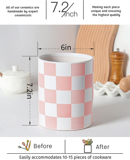 Checkered Kitchen Utensil Holder - 7.2" Ceramic Utensil Crock for Countertop, Kitchen Decor and Accessories for counte (Black)