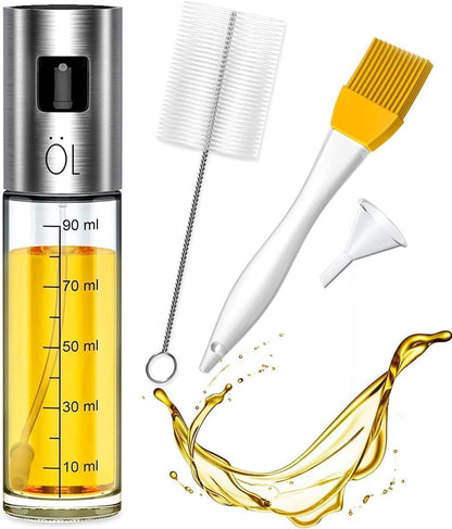 Oil Sprayer for Cooking, 100ml Food-Grade 304 Stainless Steel & BPA-Free Glass, Leakproof Oil Mister with Silicone Basting Brush, Funnel & Cleaning Brush, Suitable for Air Fryer, BBQ, Baking, Salad