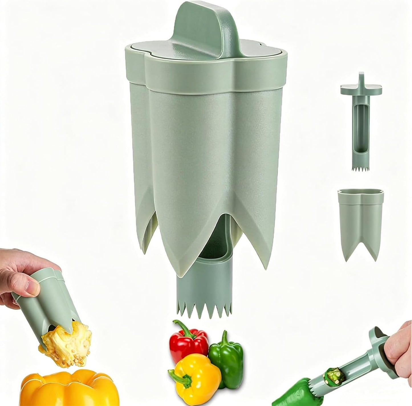 Pepper Corer Seed Remover, 2 in 1 Bell Pepper Core Cutter Deseeder Tool for Vegetable & Fruit, Practical Kitchen Gadget for Cooking, Camping and BBQ
