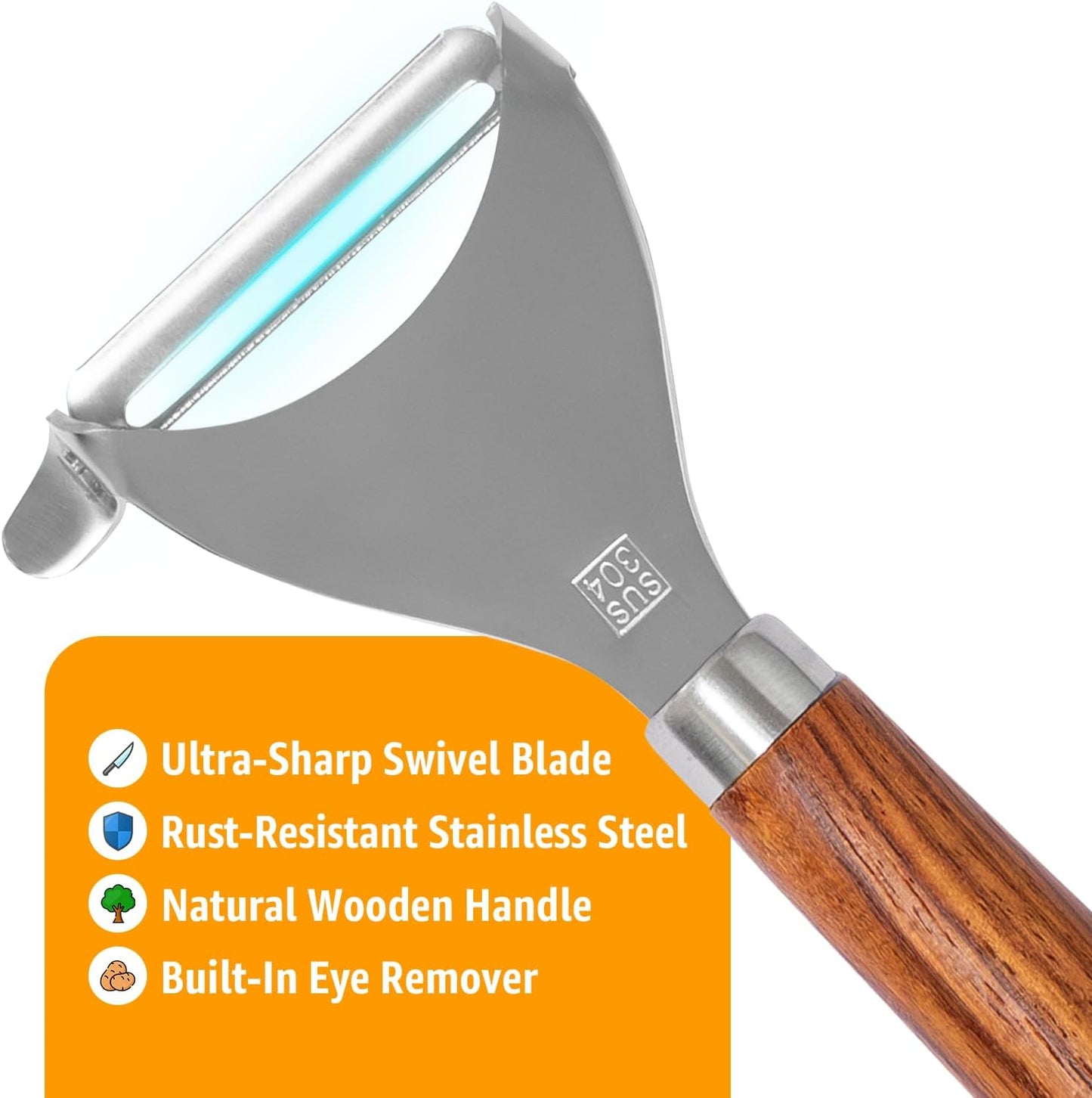 Stainless Steel Vegetable Peeler, Curved Ultra Sharp Blade with Rosewood Handle, Potato & Fruit Peeler with Eye Remover