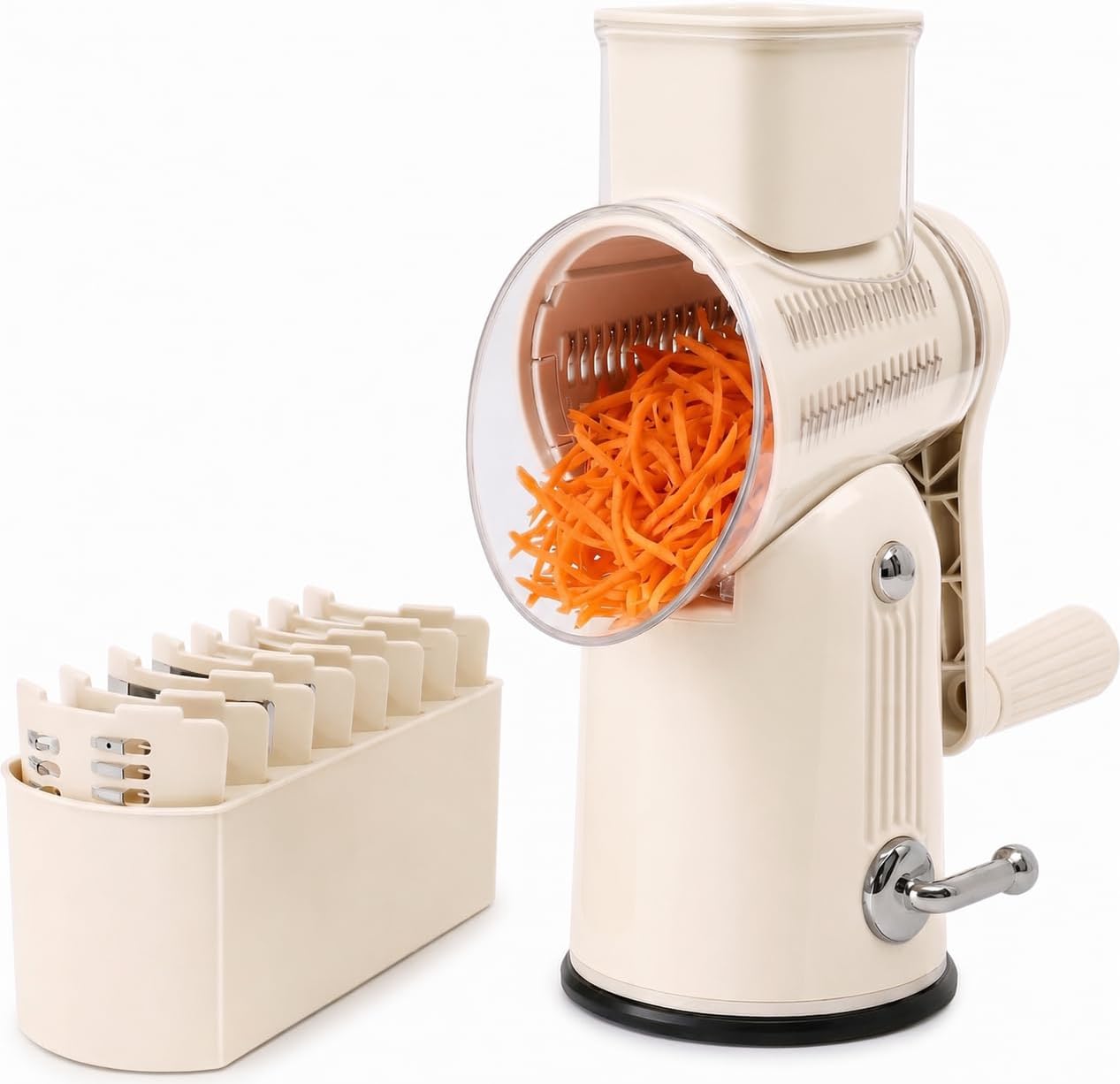 5 in 1 Rotary Cheese Grater with Hand Crank, 5 Replaceable Blades, Strong Suction Base, Multi-Functional Vegetable Slicer Shredder Chopper with Blade Storage Box for Fruit Vegetables Nuts(Green)