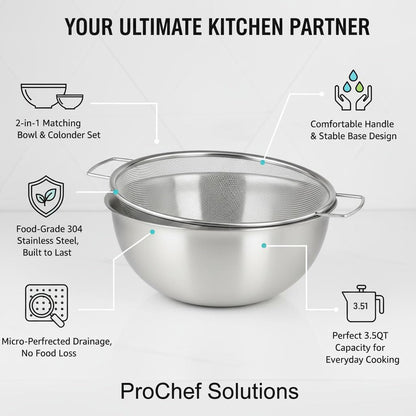 304 Stainless Steel Kitchen Colander Set, 3.5QT Colander with Handle and Bowl, 40 Mesh Fine Strainer, Fast Draining for Rice, Pasta, Fruits & Vegetables, Dishwasher Safe