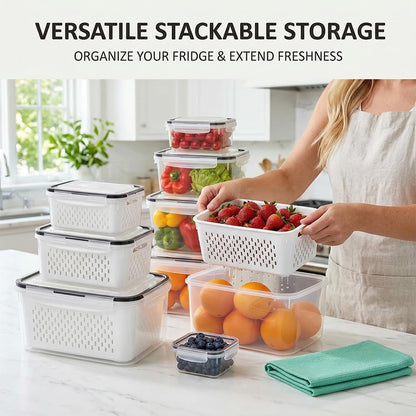 4 In 1 Food Storage Container, Fruit Storage Containers for Fridge, Produce Saver Containers, Refrigerator Fruit Washing Bowl With Strainer for Fridge Keep Fresh (Grey, 2-Piece M)