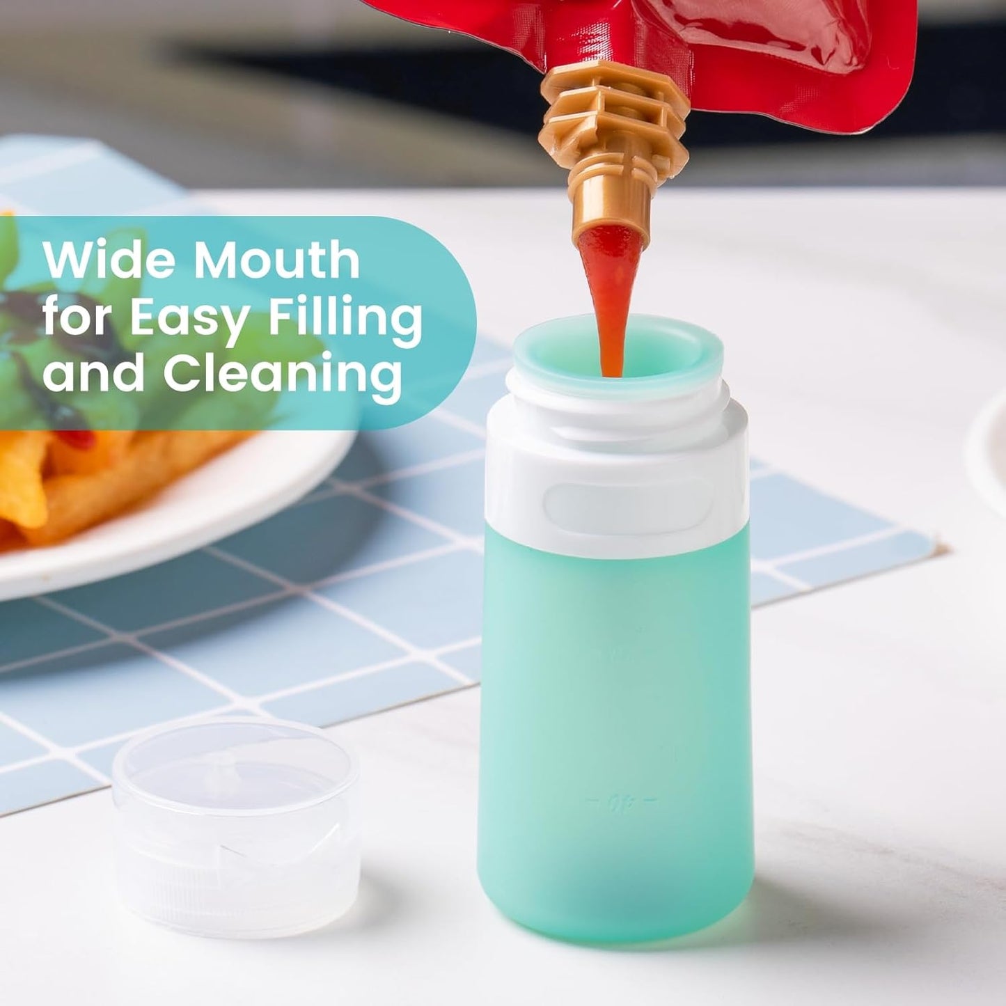 MICEBAY Condiment Squeeze Bottles for Sauces, 2-oz Mini Silicone Salad Dressing Container to Go with Reusable Sandwich Bag, Leakproof Ketchup Bottle for Bento Lunch Box, 4 Pack, Candies