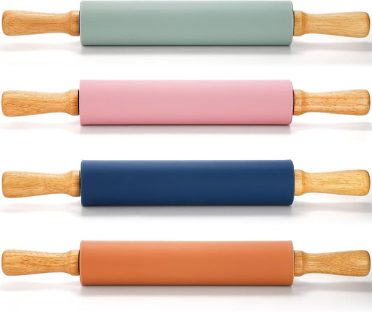 Yopay 4 Pack Silicone Rolling Pin for Baking, Non Stick Large 17 Inch Roller with Wood Handle for Tortillas Dough, Pizza, Pie, Pastries, Pasta, Cookies, Good Grips, Easy to Wash