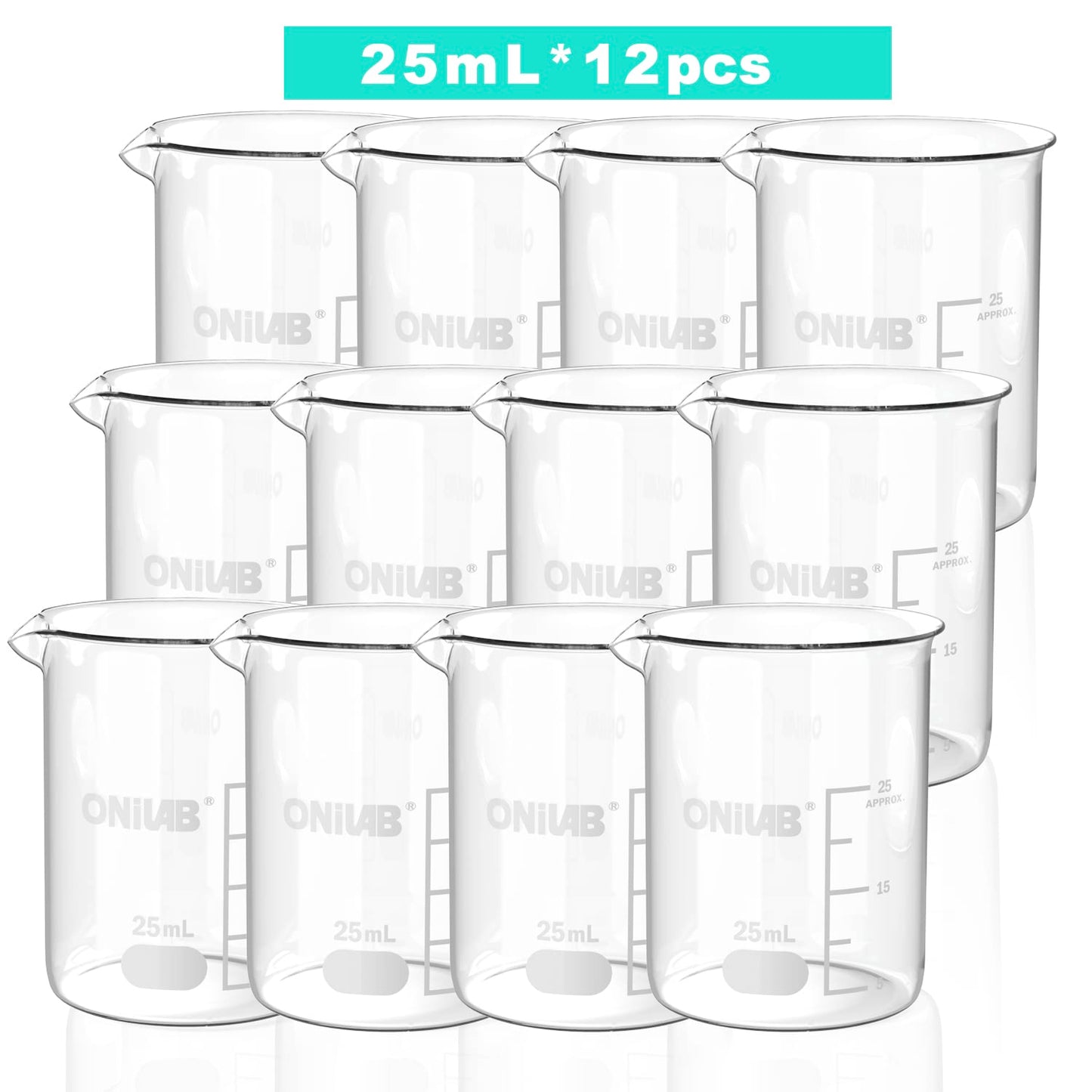 ONiLAB Glass Measuring Beaker Set 50ml 100ml 250ml 500ml 1000ml(Pack of 5) 3.3 Boro Griffin Low Form with Printed Graduation Scientific Glassware for Laboratories, Classrooms or Home Use
