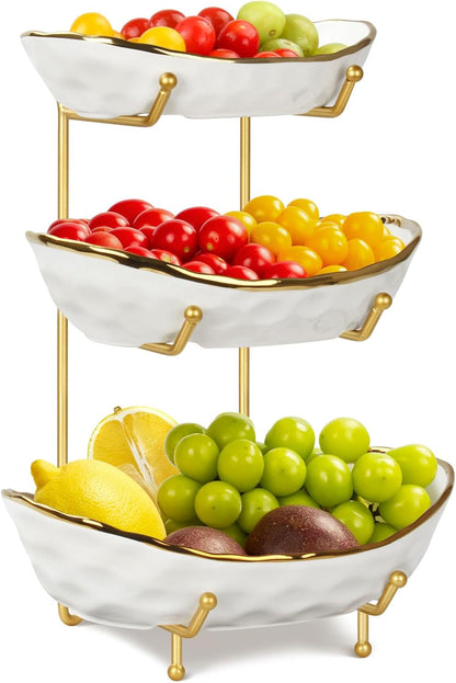 Fruit Bowl for Kitchen Counter, 3 Tier Ceramic Fruit Basket with Metal Stand, Tiered Fruit Stand for Countertop, Modern Multi Serving Bowl for Party Dessert, Vegetable, Snack