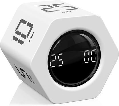 Rotating Pomodoro Timer 5, 25, 10 30,60 Mins Preset Stopwatch, Desk Flip ProductivityTimer, ADHD Tool Hexagon, Vibration/Mute/Alarm, for Work, Study, Back to School, Kitchen, Black