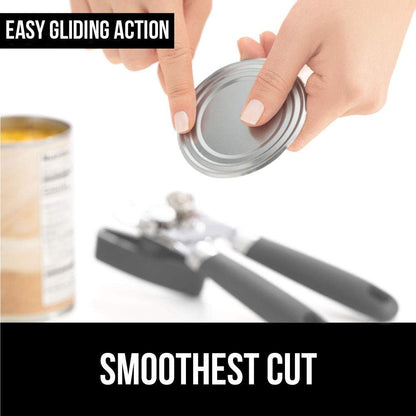 Gorilla Grip Manual Handheld Strong Can Opener, Sharp Cutting Wheel for Smooth Edge Cut, Oversized Easy to Use Turn Knob, Comfortable Soft Handle, Includes Built in Bottle Opener, Salt Gray